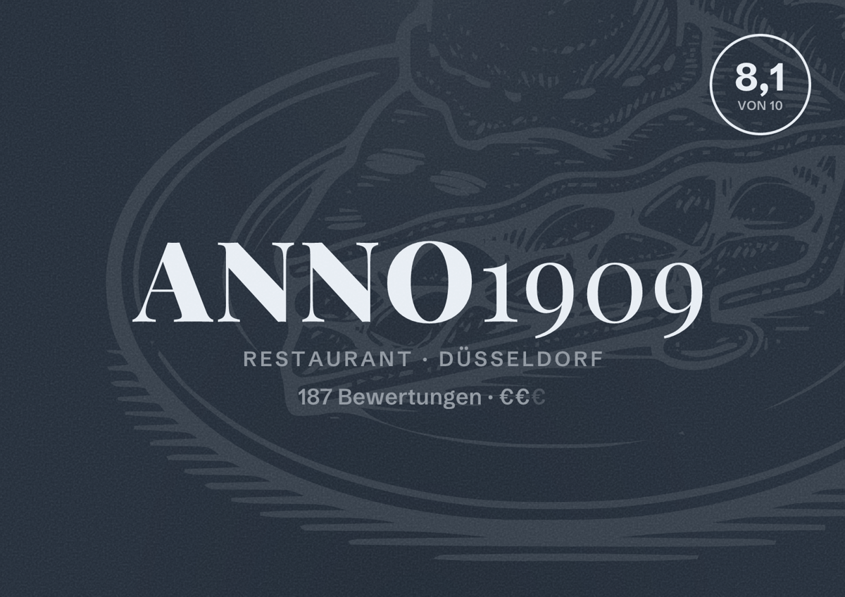 Illustriertes Poster von Anno1909, Restaurant in Düsseldorf: Bewertung 8,1 von 10 aus 187 Bewertungen, Preisniveau €€