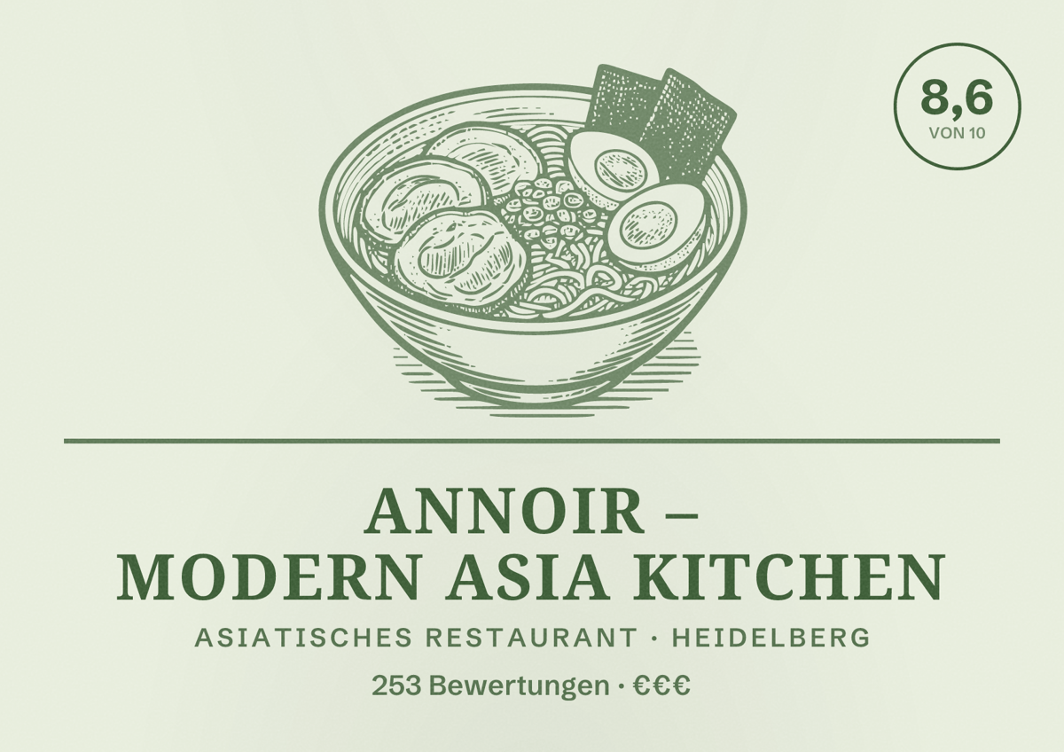 Illustriertes Poster von ANNOIR – Modern Asia Kitchen, Asiatisches Restaurant in Heidelberg: Bewertung 8,6 von 10 aus 253 Bewertungen, Preisniveau €€€