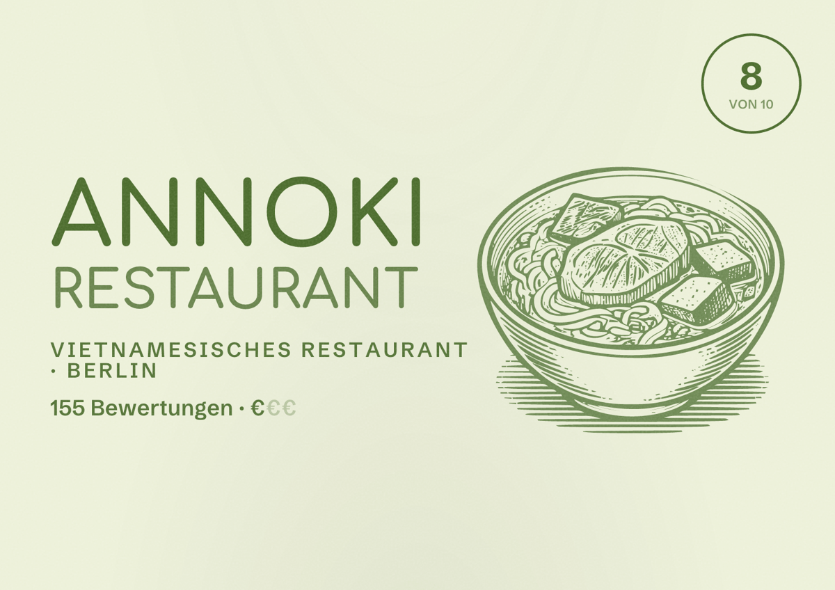 Illustriertes Poster von ANNOKI Restaurant, Vietnamesisches Restaurant in Berlin: Bewertung 8,0 von 10 aus 155 Bewertungen, Preisniveau €