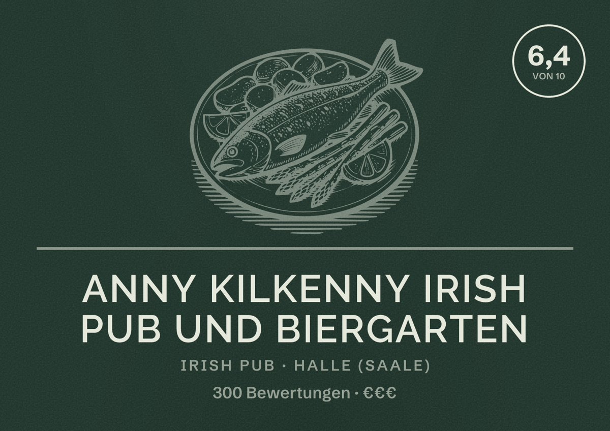 Illustriertes Poster von Anny Kilkenny Irish Pub und Biergarten, Irish Pub in Halle (Saale): Bewertung 6,4 von 10 aus 300 Bewertungen, Preisniveau €€€