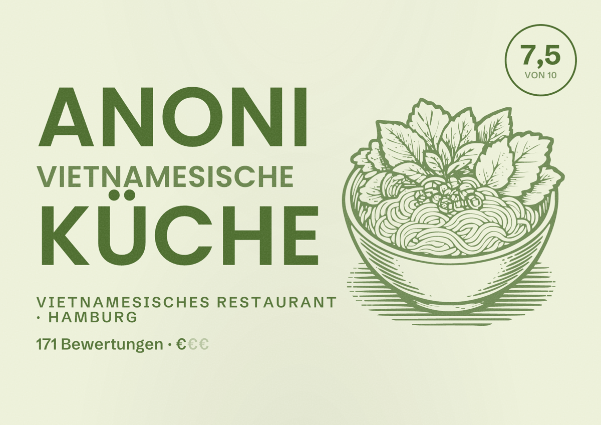 Illustriertes Poster von Anoni Vietnamesische Küche, Vietnamesisches Restaurant in Hamburg: Bewertung 7,5 von 10 aus 171 Bewertungen, Preisniveau €