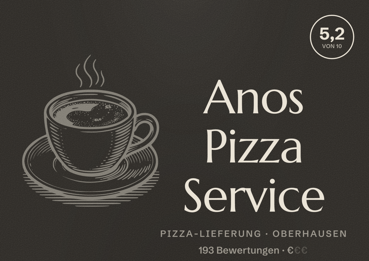 Illustriertes Poster von Anos Pizza Service, Pizza-Lieferung in Oberhausen: Bewertung 5,2 von 10 aus 193 Bewertungen, Preisniveau €
