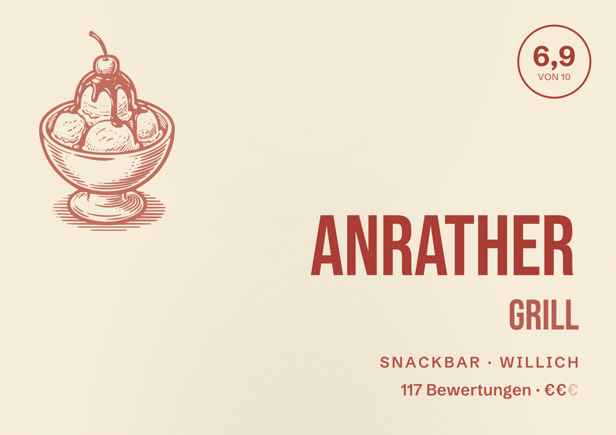 Illustriertes Poster von Anrather Grill, Snackbar in Willich: Bewertung 6,9 von 10 aus 117 Bewertungen, Preisniveau €€