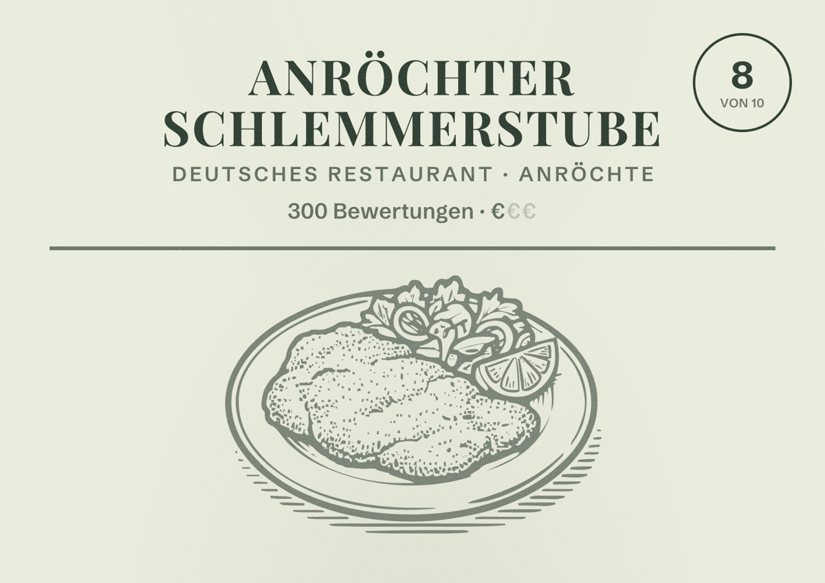 Illustriertes Poster von Anröchter Schlemmerstube, Deutsches Restaurant in Anröchte: Bewertung 8 von 10 aus 300 Bewertungen, Preisniveau €