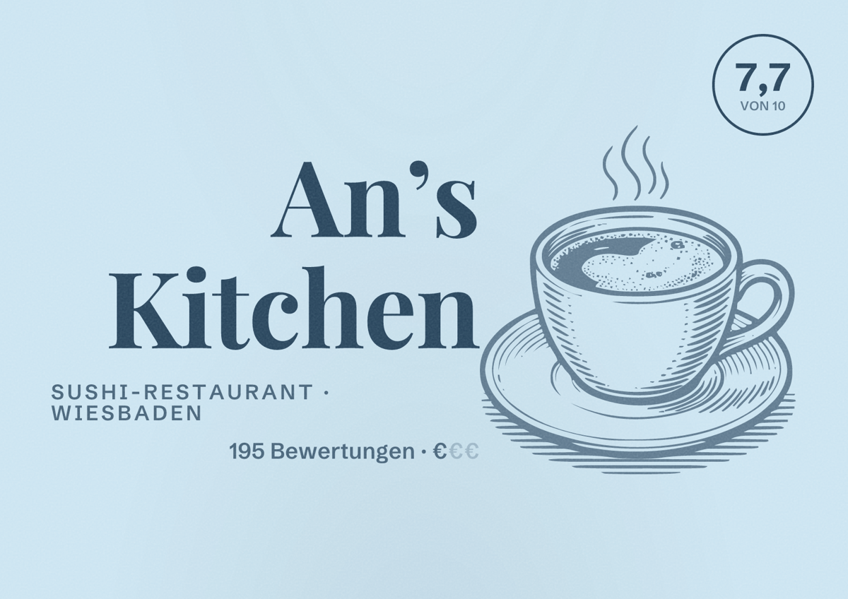 Illustriertes Poster von An’s Kitchen, Sushi-Restaurant in Wiesbaden: Bewertung 7,7 von 10 aus 195 Bewertungen, Preisniveau €