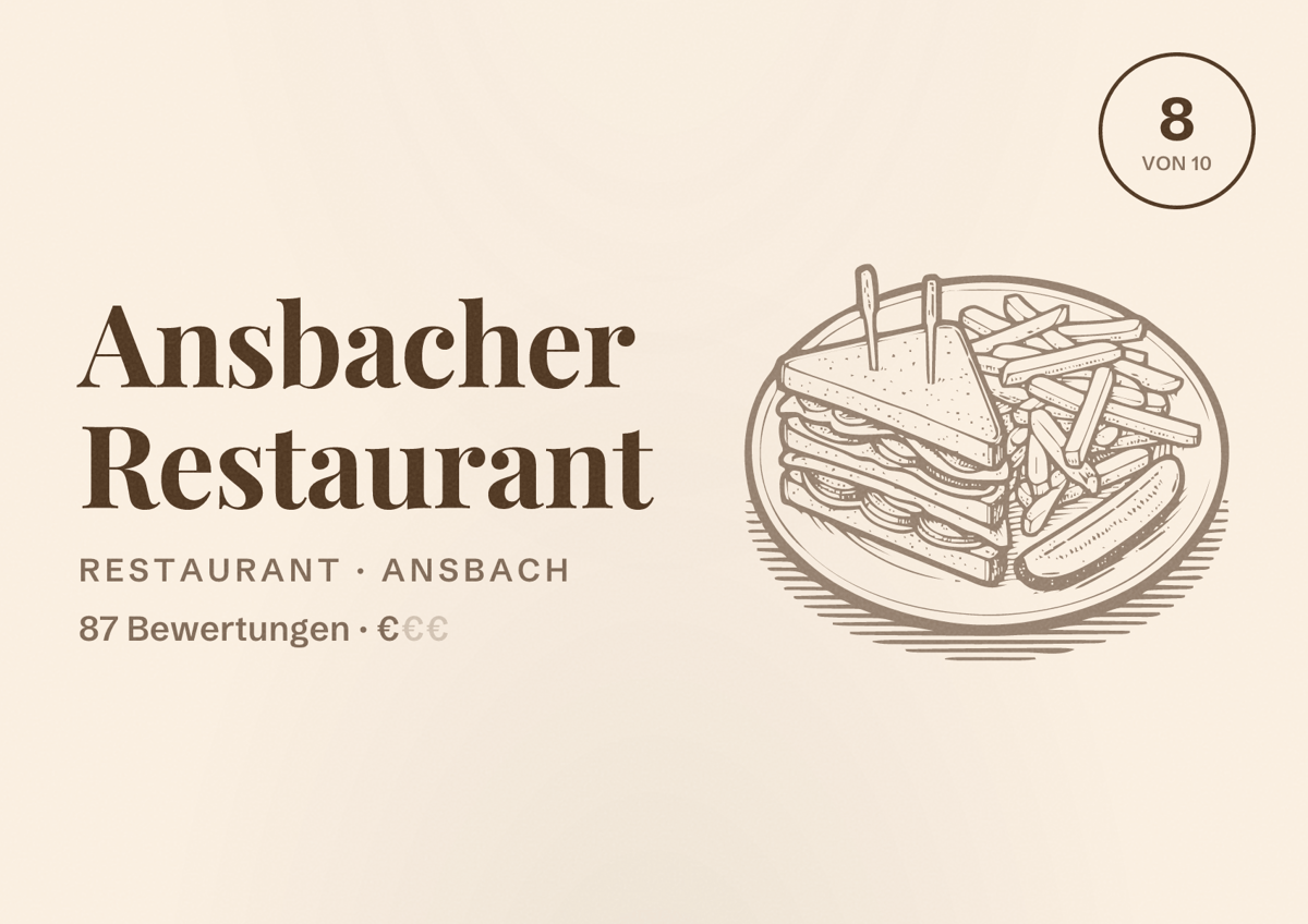 Illustriertes Poster von Ansbacher Restaurant, Restaurant in Ansbach: Bewertung 8 von 10 aus 87 Bewertungen, Preisniveau €