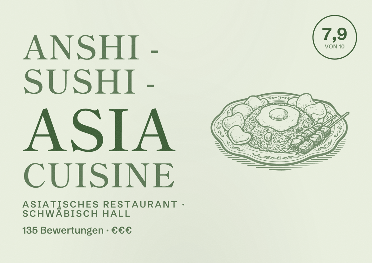 Illustriertes Poster von Anshi - Sushi - Asia Cuisine, Asiatisches Restaurant in Schwäbisch Hall: Bewertung 7,9 von 10 aus 135 Bewertungen, Preisniveau €€€