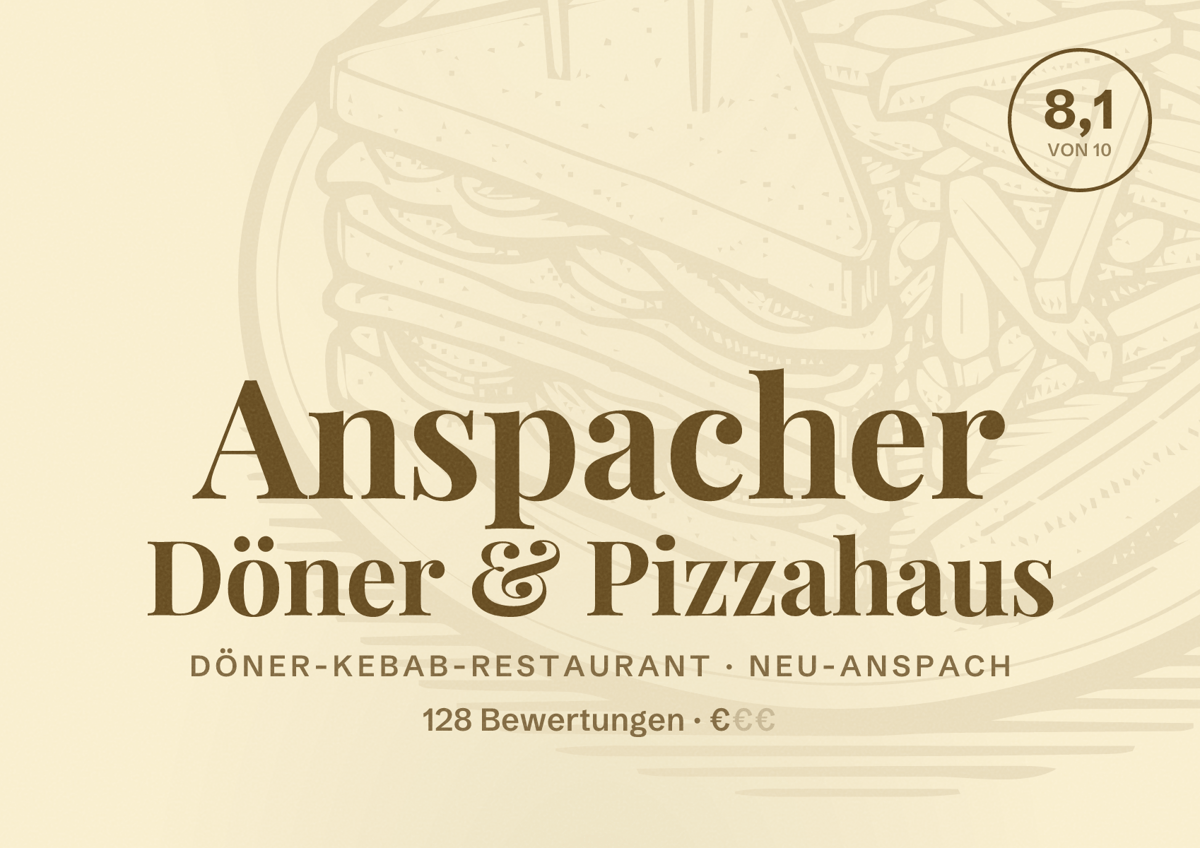 Illustriertes Poster von Anspacher Döner & Pizzahaus, Döner-Kebab-Restaurant in Neu-Anspach: Bewertung 8,1 von 10 aus 128 Bewertungen, Preisniveau €