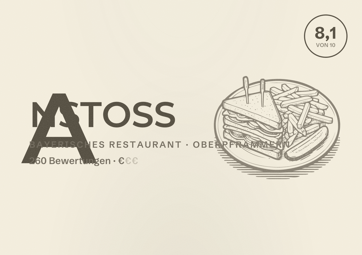 Illustriertes Poster von ANSTOSS, Bayerisches Restaurant in Oberpframmern: Bewertung 8,1 von 10 aus 260 Bewertungen, Preisniveau €