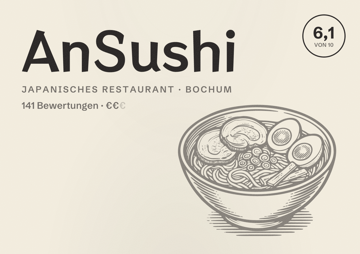 Illustriertes Poster von AnSushi, Japanisches Restaurant in Bochum: Bewertung 6,1 von 10 aus 141 Bewertungen, Preisniveau €€