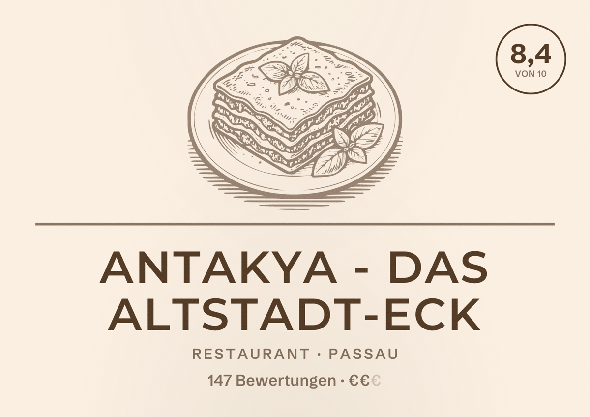 Illustriertes Poster von Antakya - Das Altstadt-Eck, Restaurant in Passau: Bewertung 8,4 von 10 aus 147 Bewertungen, Preisniveau €€