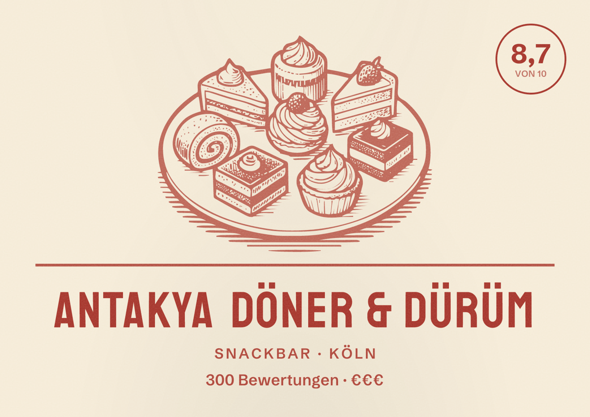 Illustriertes Poster von ANTAKYA Döner & Dürüm, Snackbar in Köln: Bewertung 8,7 von 10 aus 300 Bewertungen, Preisniveau €€€