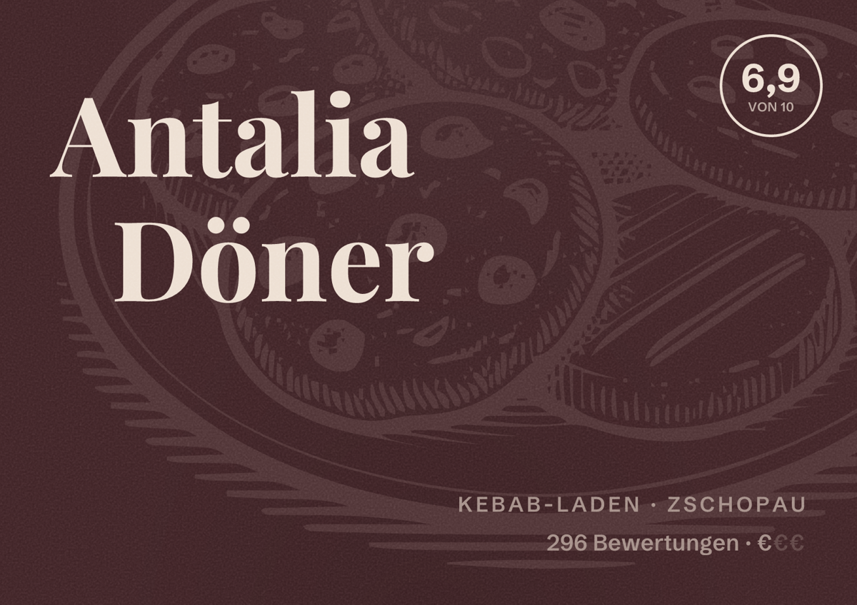 Illustriertes Poster von Antalia Döner, Kebab-Laden in Zschopau: Bewertung 6,9 von 10 aus 296 Bewertungen, Preisniveau €