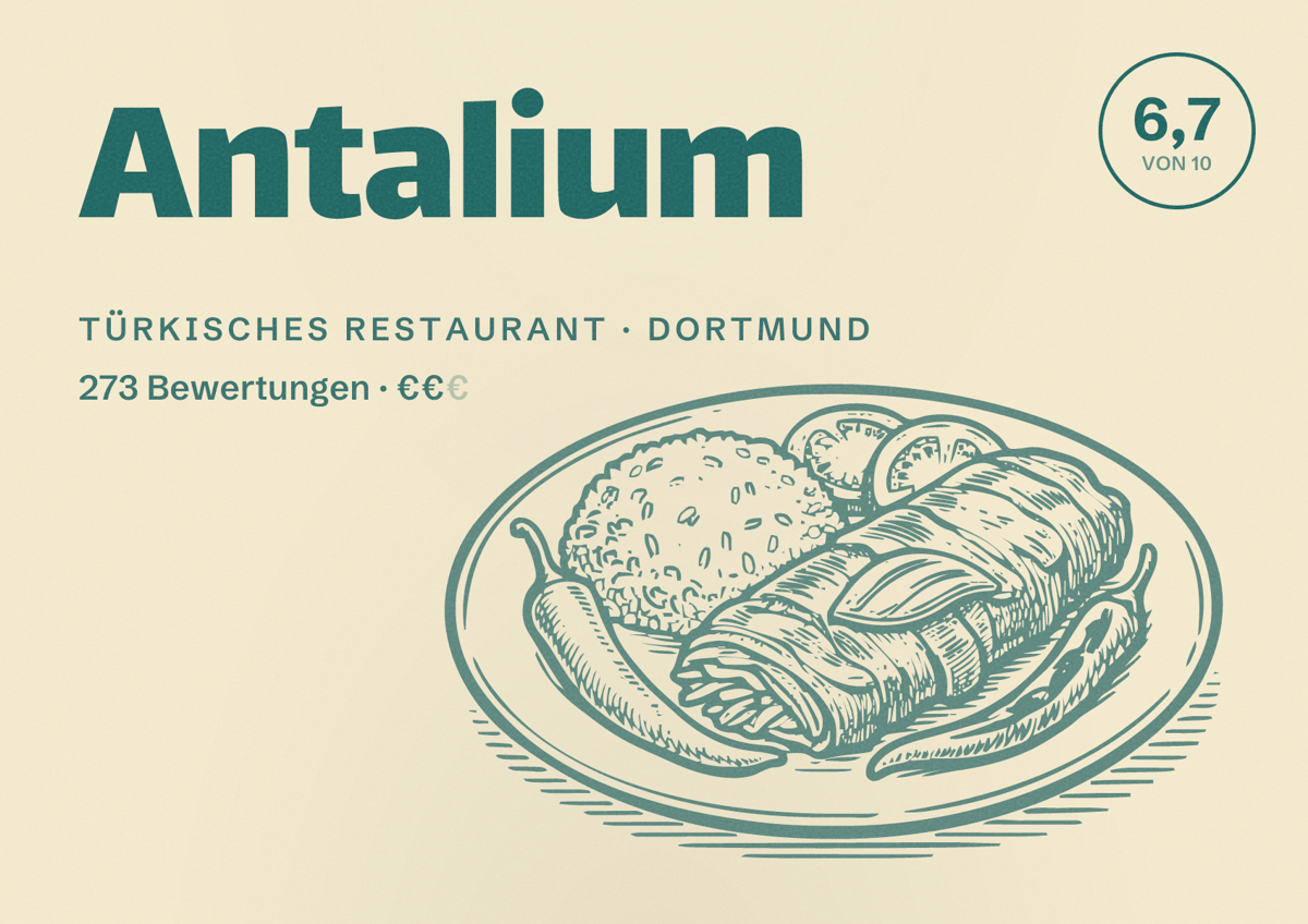 Illustriertes Poster von Antalium, Türkisches Restaurant in Dortmund: Bewertung 6,7 von 10 aus 273 Bewertungen, Preisniveau €€