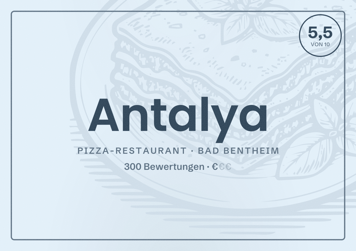 Illustriertes Poster von Antalya, Pizza-Restaurant in Bad Bentheim: Bewertung 5,5 von 10 aus 300 Bewertungen, Preisniveau €
