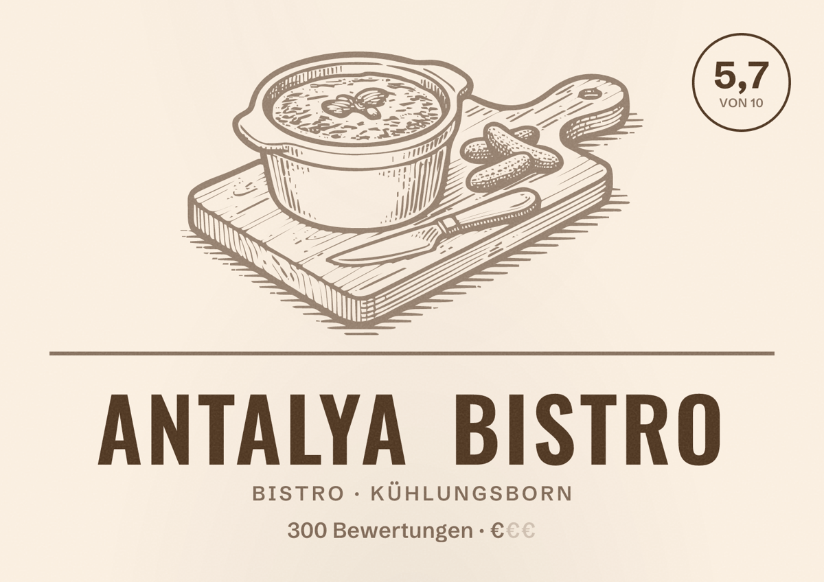 Illustriertes Poster von Antalya Bistro, Bistro in Kühlungsborn: Bewertung 5,7 von 10 aus 300 Bewertungen, Preisniveau €