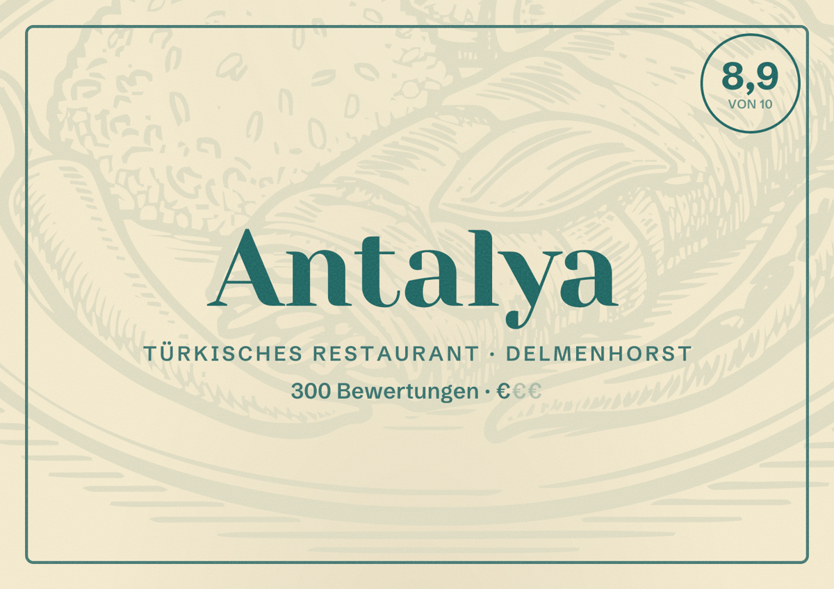 Illustriertes Poster von Antalya, Türkisches Restaurant in Delmenhorst: Bewertung 8,9 von 10 aus 300 Bewertungen, Preisniveau €