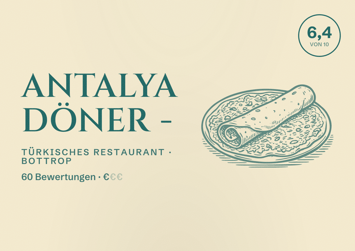 Illustriertes Poster von Antalya Döner -, Türkisches Restaurant in Bottrop: Bewertung 6,4 von 10 aus 60 Bewertungen, Preisniveau €