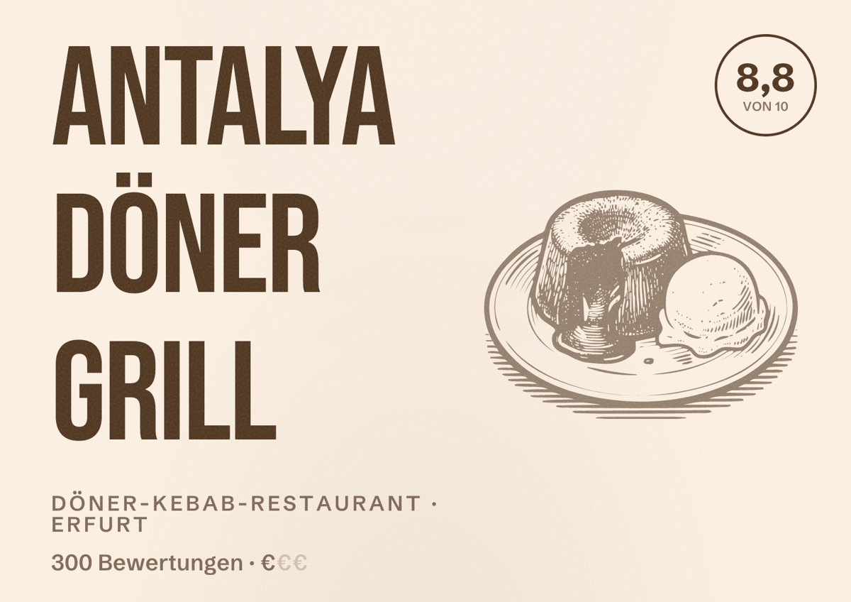 Illustriertes Poster von Antalya Döner Grill, Döner-Kebab-Restaurant in Erfurt: Bewertung 8,8 von 10 aus 300 Bewertungen, Preisniveau €