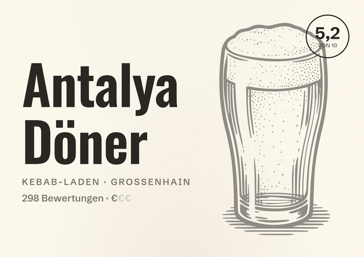 Illustriertes Poster von Antalya Döner, Kebab-Laden in Großenhain: Bewertung 5,2 von 10 aus 298 Bewertungen, Preisniveau €