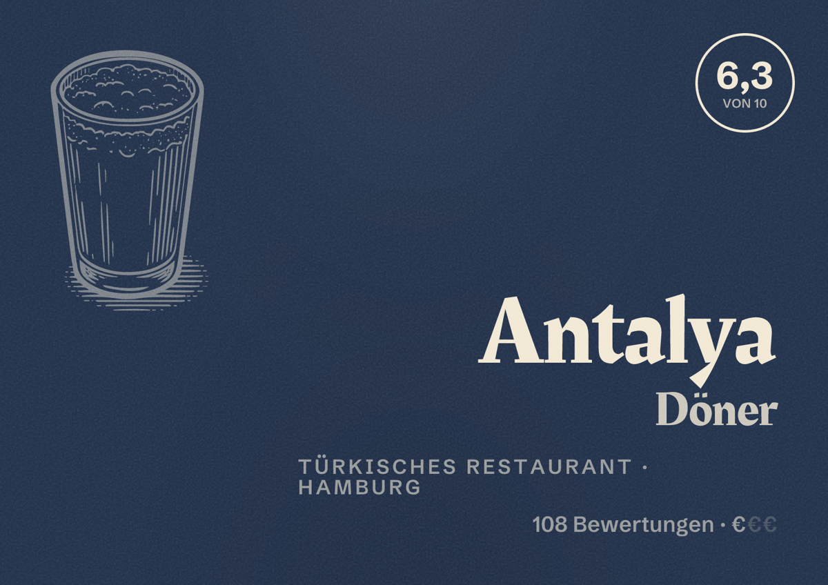 Illustriertes Poster von Antalya Döner, Türkisches Restaurant in Hamburg: Bewertung 6,3 von 10 aus 108 Bewertungen, Preisniveau €