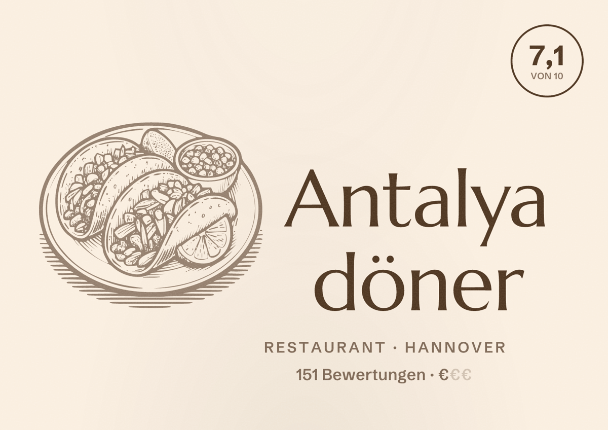 Illustriertes Poster von Antalya döner, Restaurant in Hannover: Bewertung 7,1 von 10 aus 151 Bewertungen, Preisniveau €