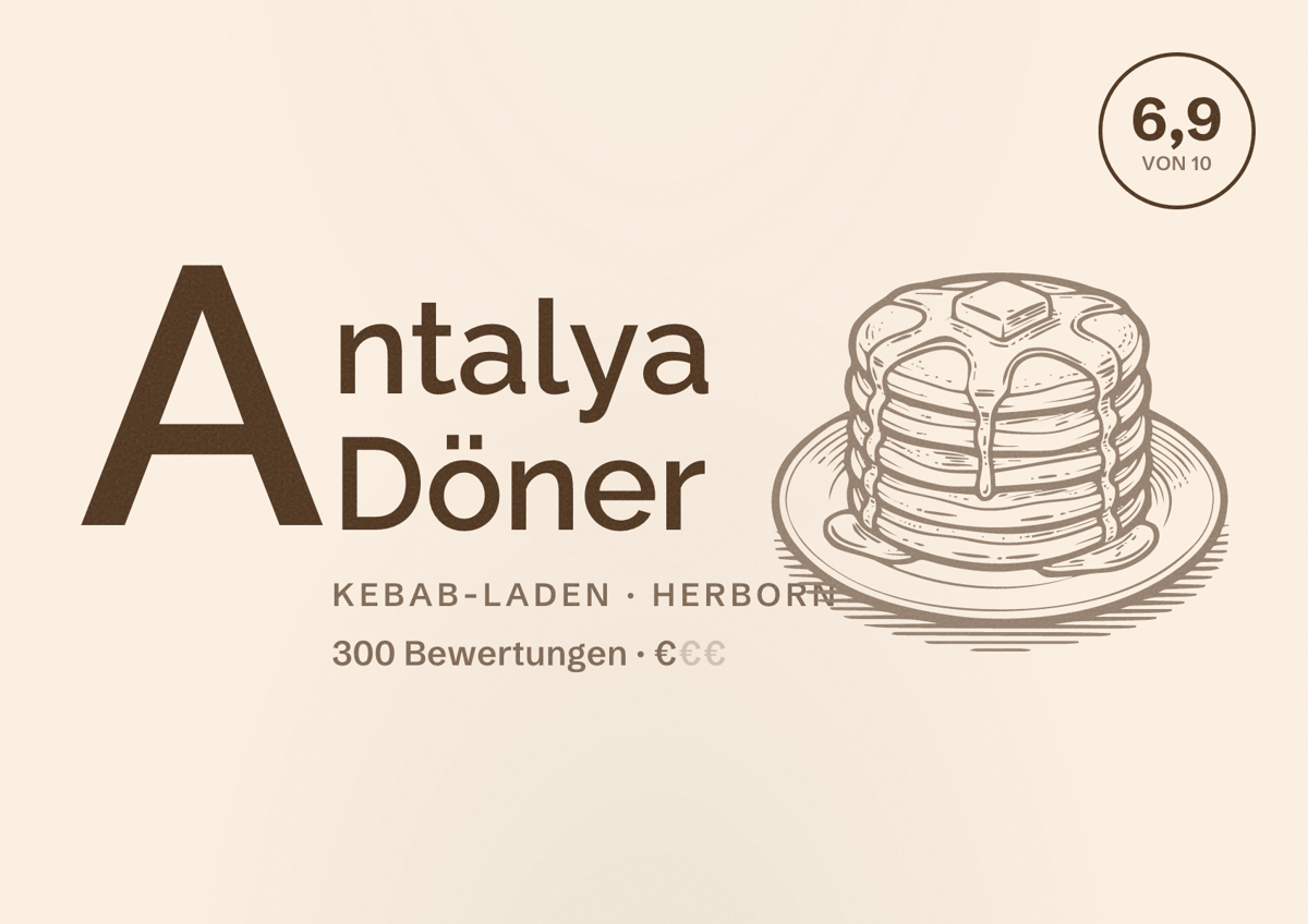 Illustriertes Poster von Antalya Döner, Kebab-Laden in Herborn: Bewertung 6,9 von 10 aus 300 Bewertungen, Preisniveau €