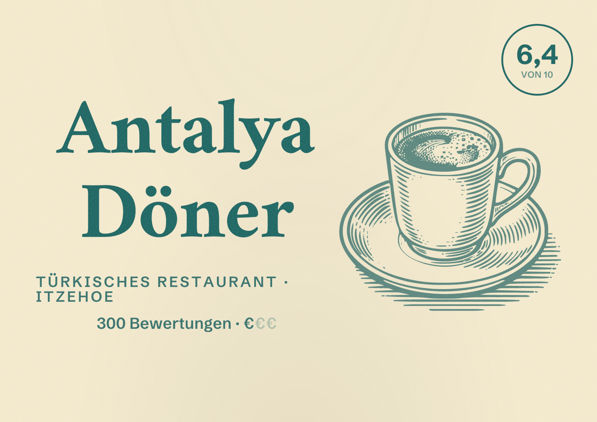 Illustriertes Poster von Antalya Döner, Türkisches Restaurant in Itzehoe: Bewertung 6,4 von 10 aus 300 Bewertungen, Preisniveau €