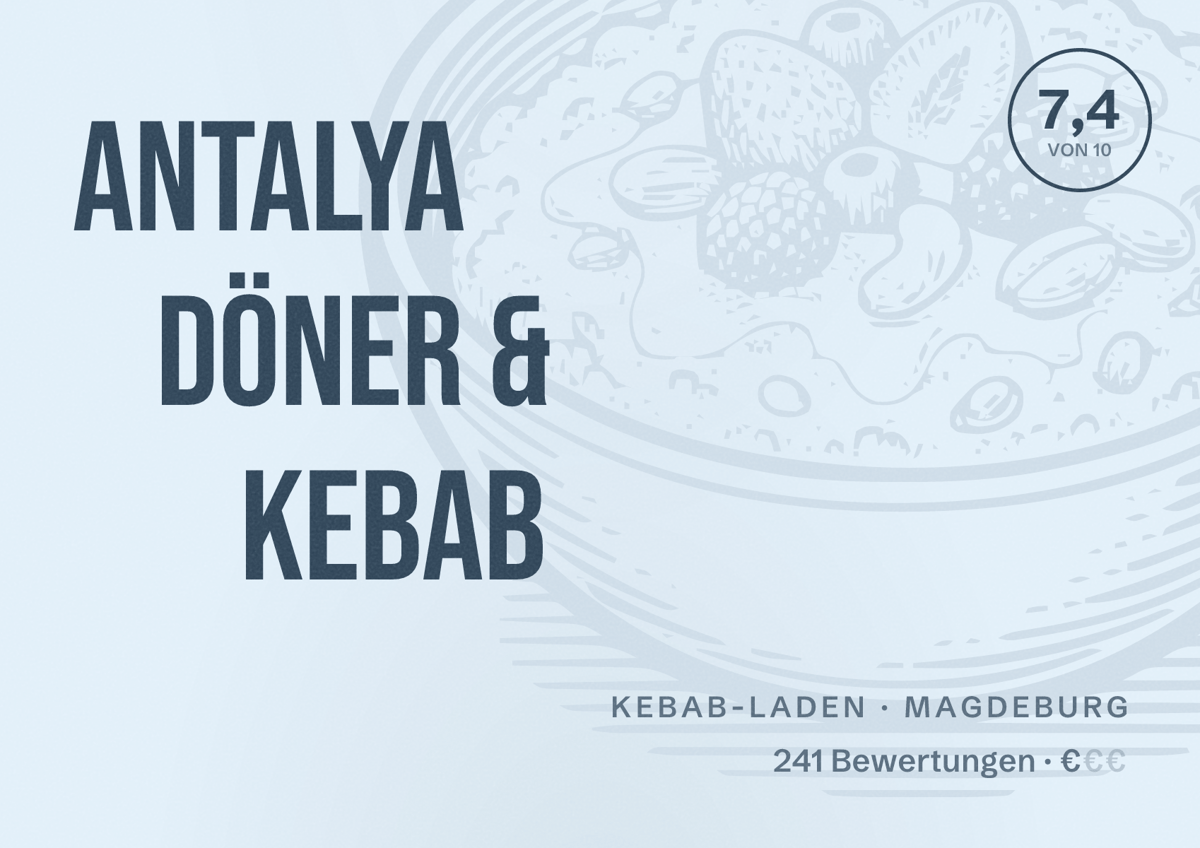 Illustriertes Poster von Antalya Döner & Kebab, Kebab-Laden in Magdeburg: Bewertung 7,4 von 10 aus 241 Bewertungen, Preisniveau €