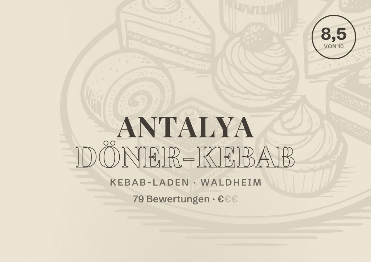 Illustriertes Poster von Antalya Döner-Kebab, Kebab-Laden in Waldheim: Bewertung 8,5 von 10 aus 79 Bewertungen, Preisniveau €