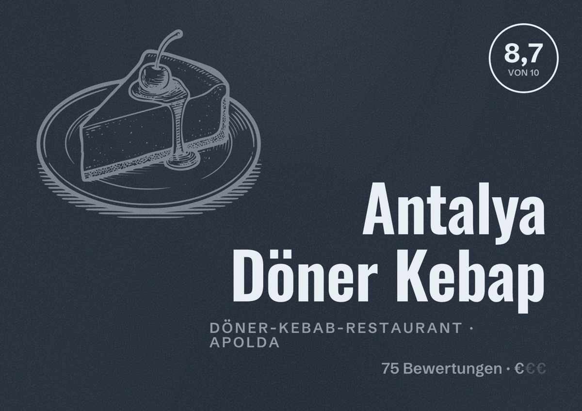 Illustriertes Poster von Antalya Döner Kebap, Döner-Kebab-Restaurant in Apolda: Bewertung 8,7 von 10 aus 75 Bewertungen, Preisniveau €