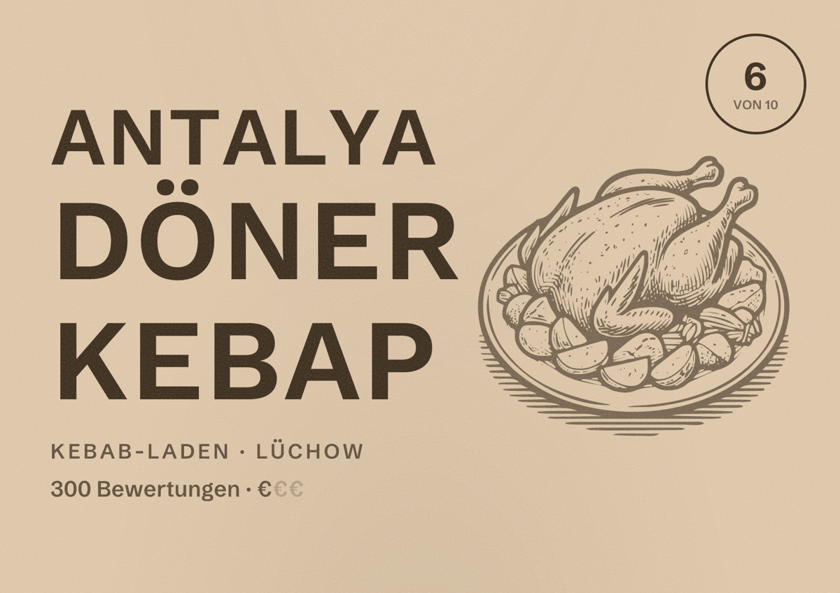 Illustriertes Poster von Antalya Döner Kebap, Kebab-Laden in Lüchow: Bewertung 6 von 10 aus 300 Bewertungen, Preisniveau €