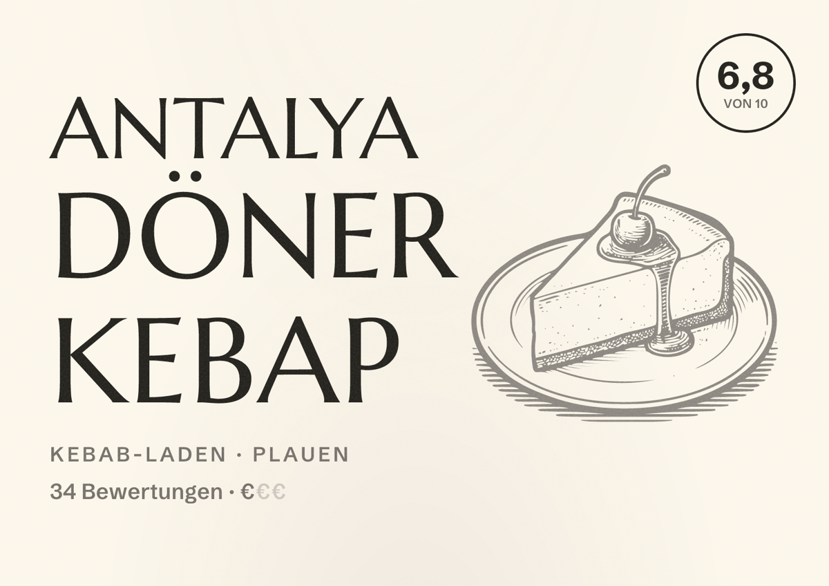 Illustriertes Poster von Antalya Döner Kebap, Kebab-Laden in Plauen: Bewertung 6,8 von 10 aus 34 Bewertungen, Preisniveau €