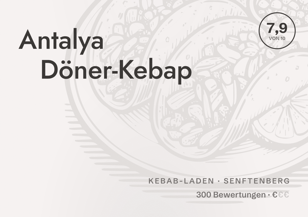 Illustriertes Poster von Antalya Döner-Kebap, Kebab-Laden in Senftenberg: Bewertung 7,9 von 10 aus 300 Bewertungen, Preisniveau €