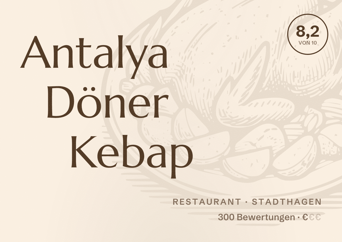 Illustriertes Poster von Antalya Döner Kebap, Restaurant in Stadthagen: Bewertung 8,2 von 10 aus 300 Bewertungen, Preisniveau €
