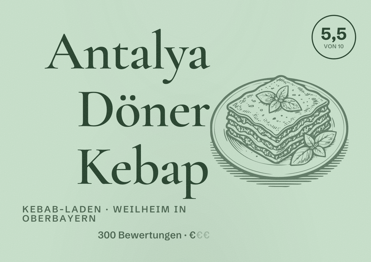 Illustriertes Poster von Antalya Döner Kebap, Kebab-Laden in Weilheim in Oberbayern: Bewertung 5,5 von 10 aus 300 Bewertungen, Preisniveau €