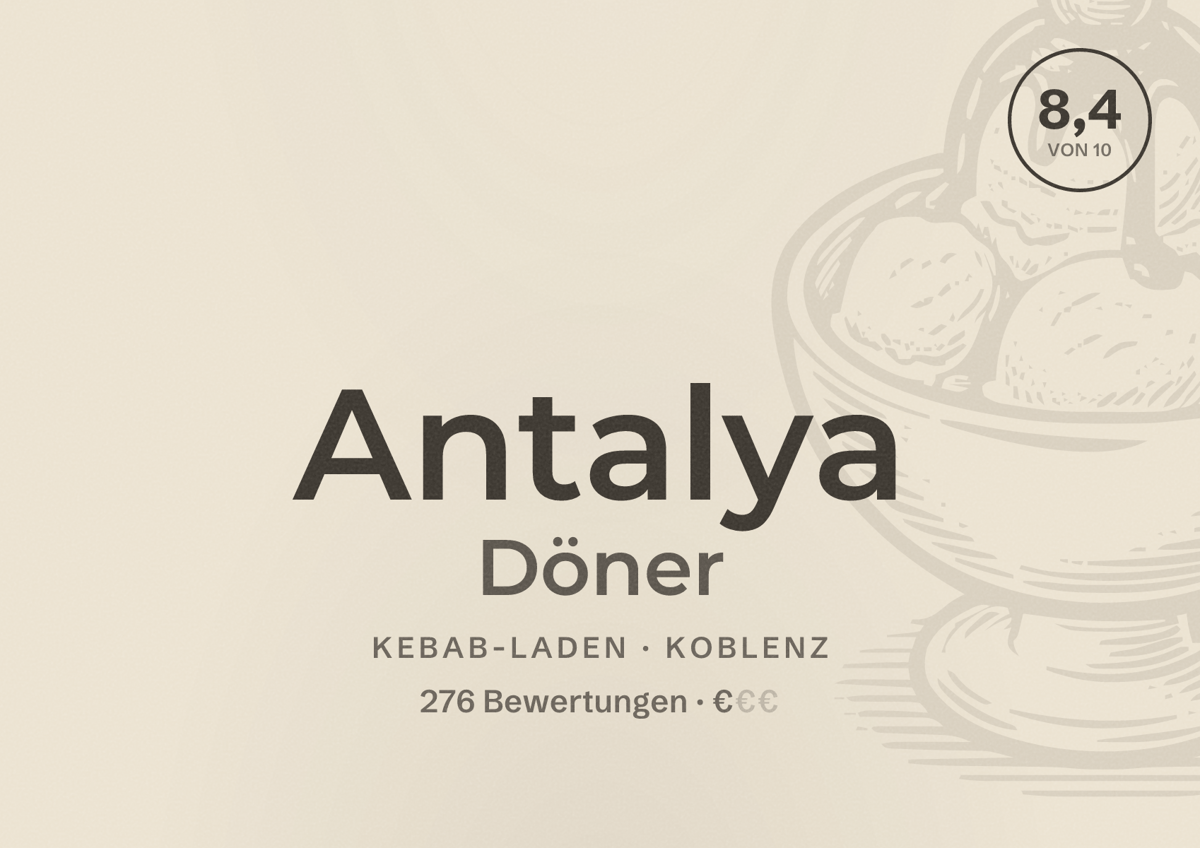 Illustriertes Poster von Antalya Döner, Kebab-Laden in Koblenz: Bewertung 8,4 von 10 aus 276 Bewertungen, Preisniveau €