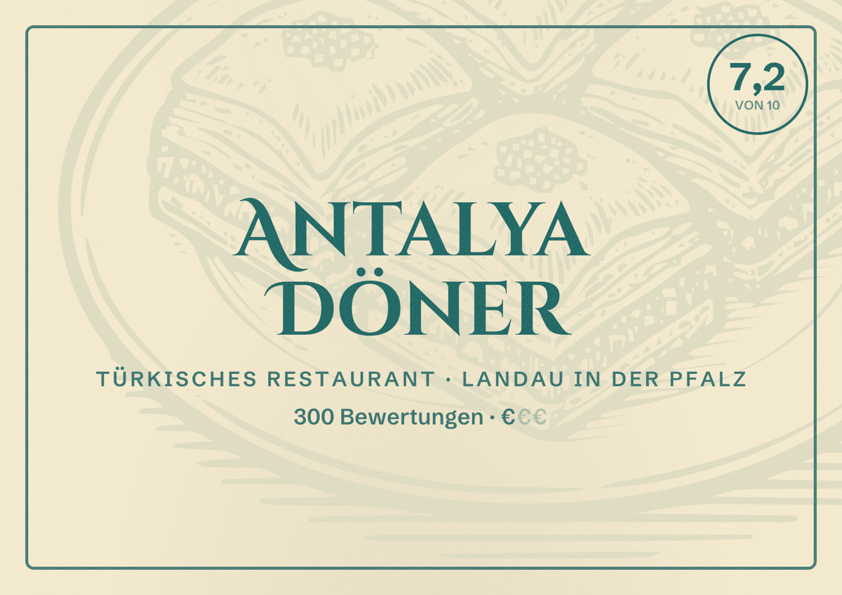 Illustriertes Poster von Antalya Döner, Türkisches Restaurant in Landau in der Pfalz: Bewertung 7,2 von 10 aus 300 Bewertungen, Preisniveau €