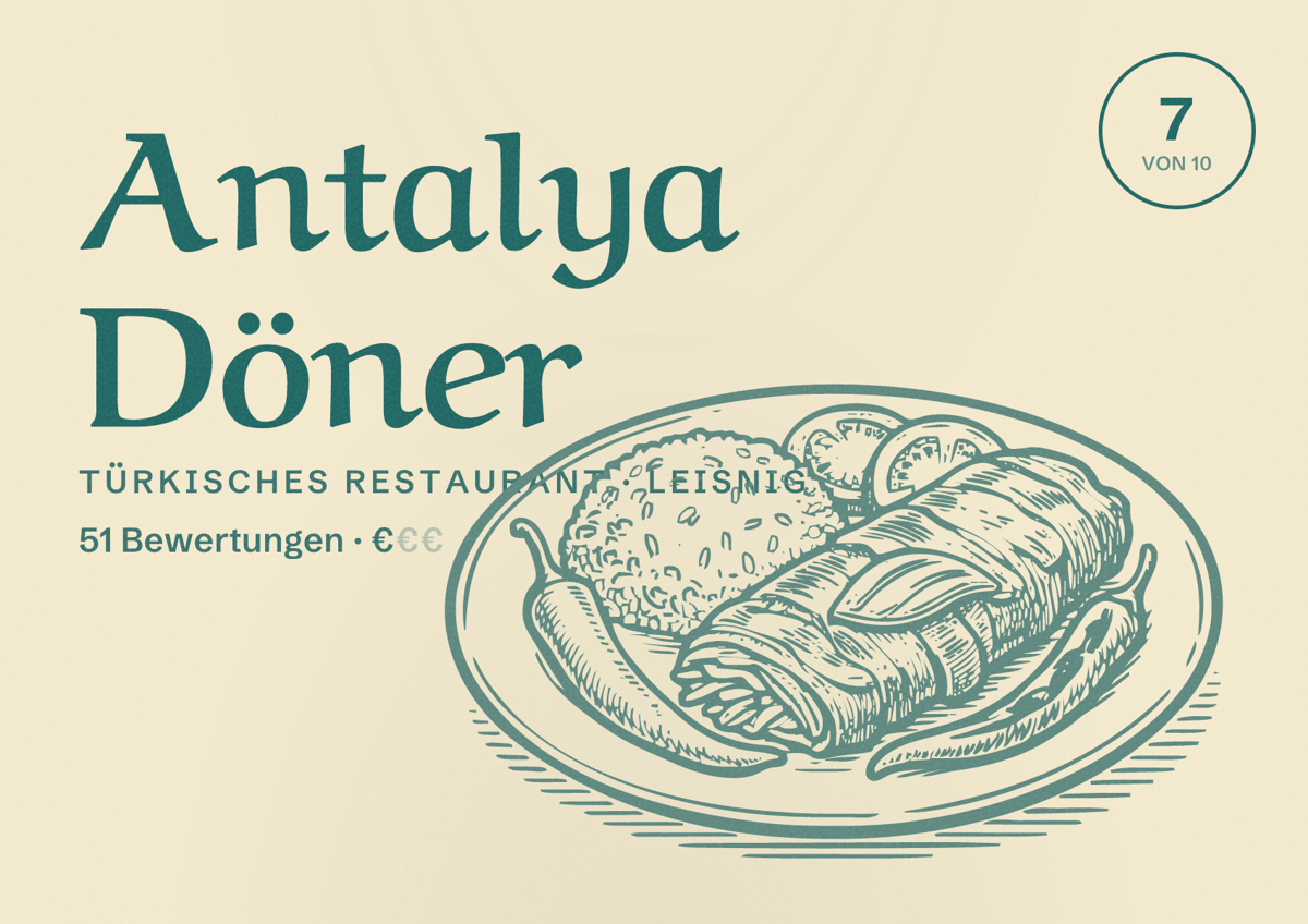 Illustriertes Poster von Antalya Döner, Türkisches Restaurant in Leisnig: Bewertung 7 von 10 aus 51 Bewertungen, Preisniveau €