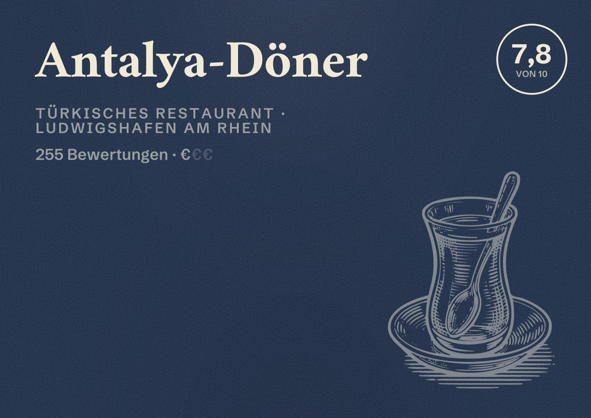 Illustriertes Poster von Antalya-Döner, Türkisches Restaurant in Ludwigshafen am Rhein: Bewertung 7,8 von 10 aus 255 Bewertungen, Preisniveau €
