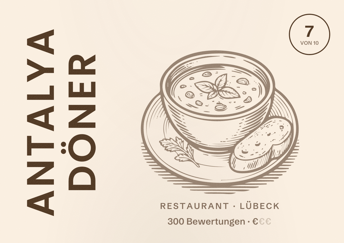 Illustriertes Poster von Antalya Döner, Restaurant in Lübeck: Bewertung 7 von 10 aus 300 Bewertungen, Preisniveau €