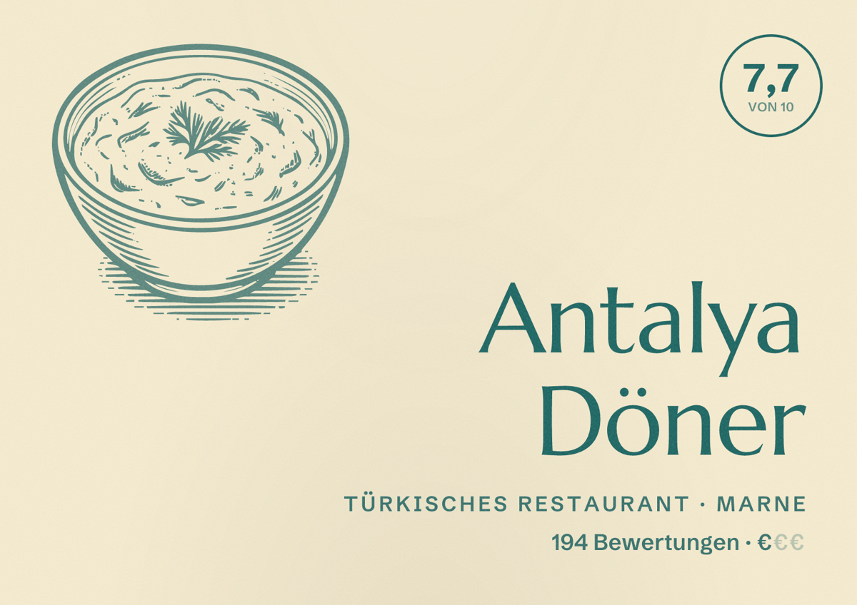 Illustriertes Poster von Antalya Döner, Türkisches Restaurant in Marne: Bewertung 7,7 von 10 aus 194 Bewertungen, Preisniveau €