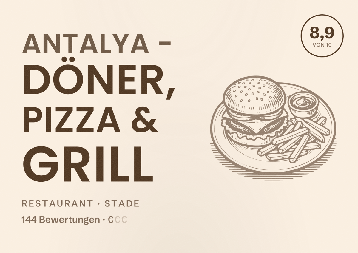 Illustriertes Poster von Antalya - Döner, Pizza & Grill, Restaurant in Stade: Bewertung 8,9 von 10 aus 144 Bewertungen, Preisniveau €