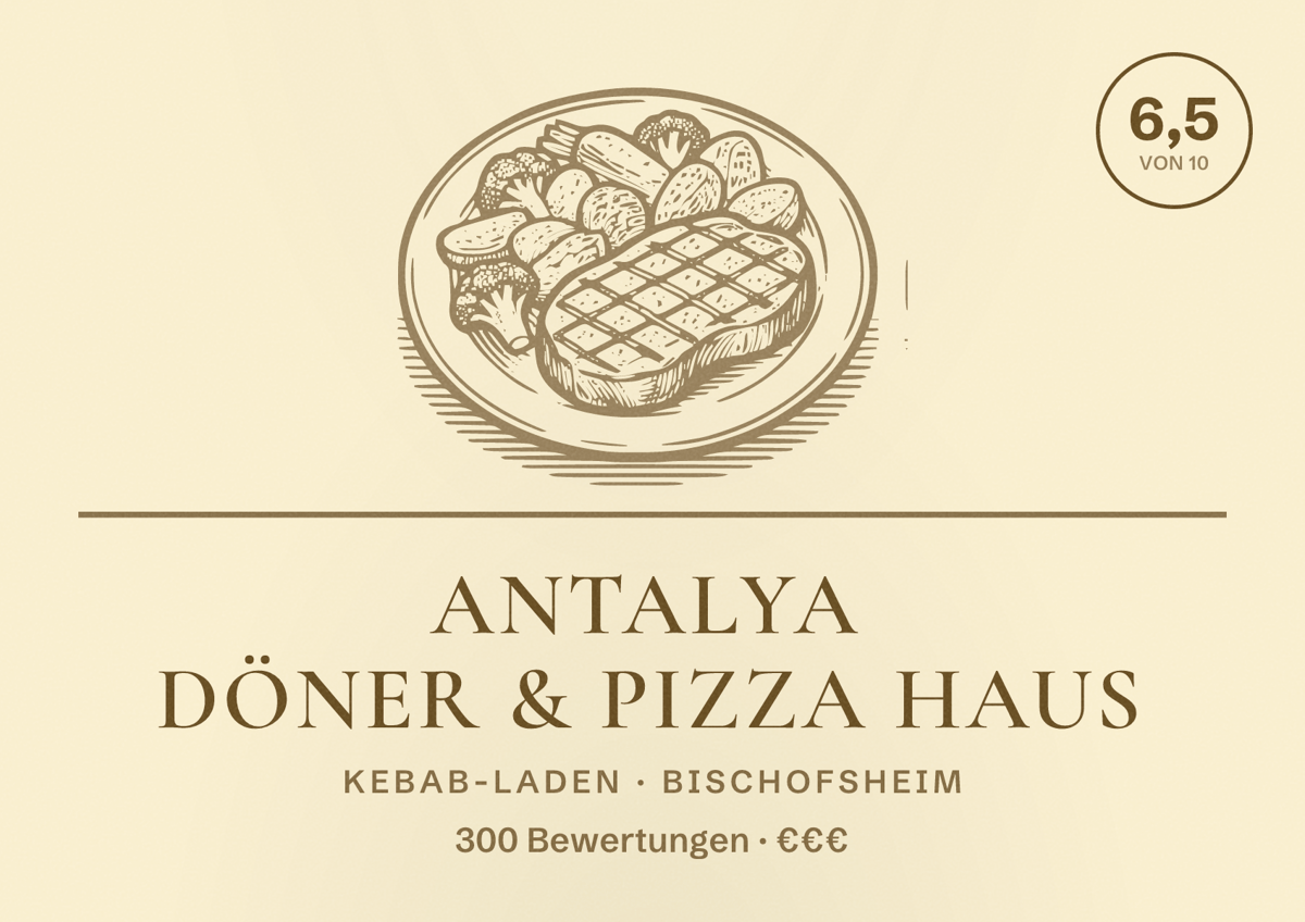 Illustriertes Poster von Antalya Döner & Pizza Haus, Kebab-Laden in Bischofsheim: Bewertung 6,5 von 10 aus 300 Bewertungen, Preisniveau €€€