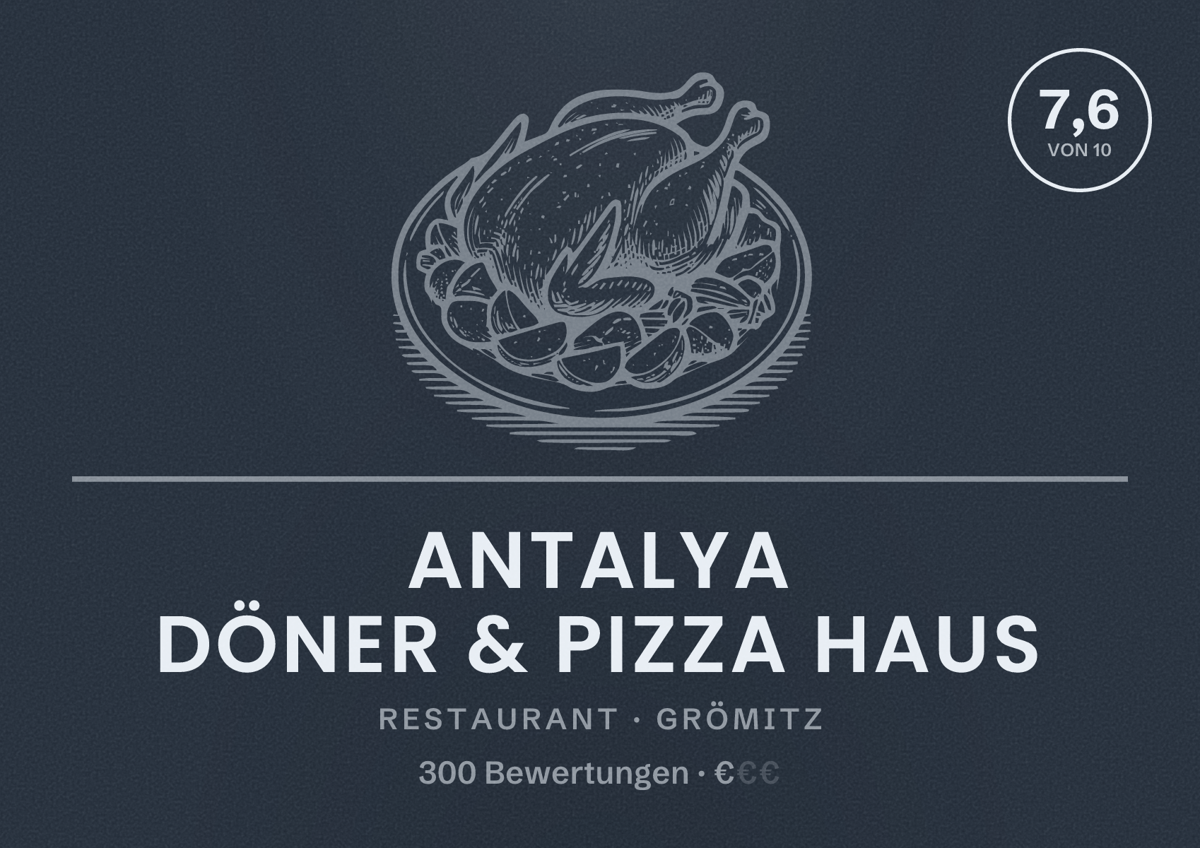 Illustriertes Poster von Antalya Döner & Pizza Haus, Restaurant in Grömitz: Bewertung 7,6 von 10 aus 300 Bewertungen, Preisniveau €