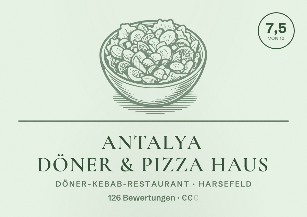 Illustriertes Poster von Antalya Döner & Pizza Haus, Döner-Kebab-Restaurant in Harsefeld: Bewertung 7,5 von 10 aus 126 Bewertungen, Preisniveau €€