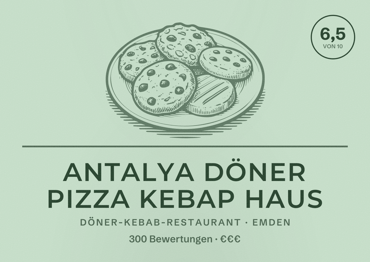 Illustriertes Poster von Antalya Döner Pizza Kebap Haus, Döner-Kebab-Restaurant in Emden: Bewertung 6,5 von 10 aus 300 Bewertungen, Preisniveau €€€