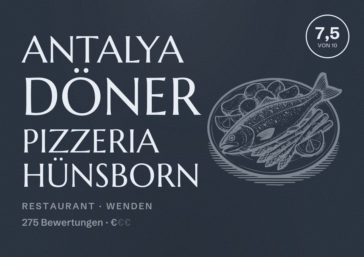 Illustriertes Poster von Antalya Döner Pizzeria Hünsborn, Restaurant in Wenden: Bewertung 7,5 von 10 aus 275 Bewertungen, Preisniveau €