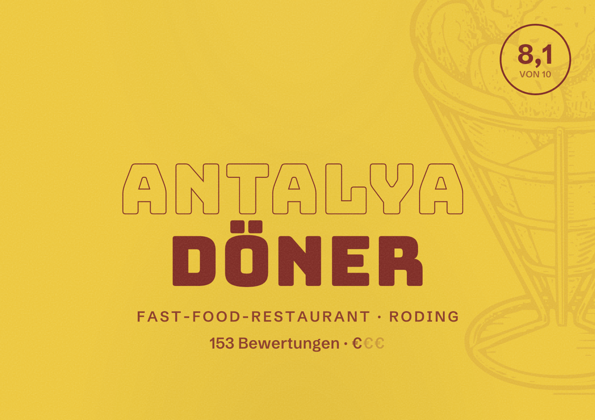 Illustriertes Poster von Antalya Döner, Fast-Food-Restaurant in Roding: Bewertung 8,1 von 10 aus 153 Bewertungen, Preisniveau €