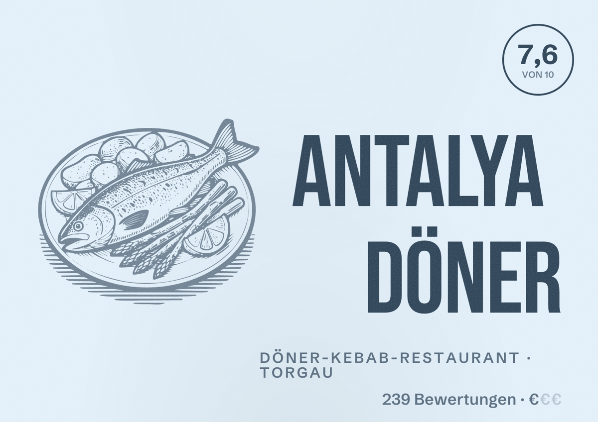 Illustriertes Poster von Antalya Döner, Döner-Kebab-Restaurant in Torgau: Bewertung 7,6 von 10 aus 239 Bewertungen, Preisniveau €